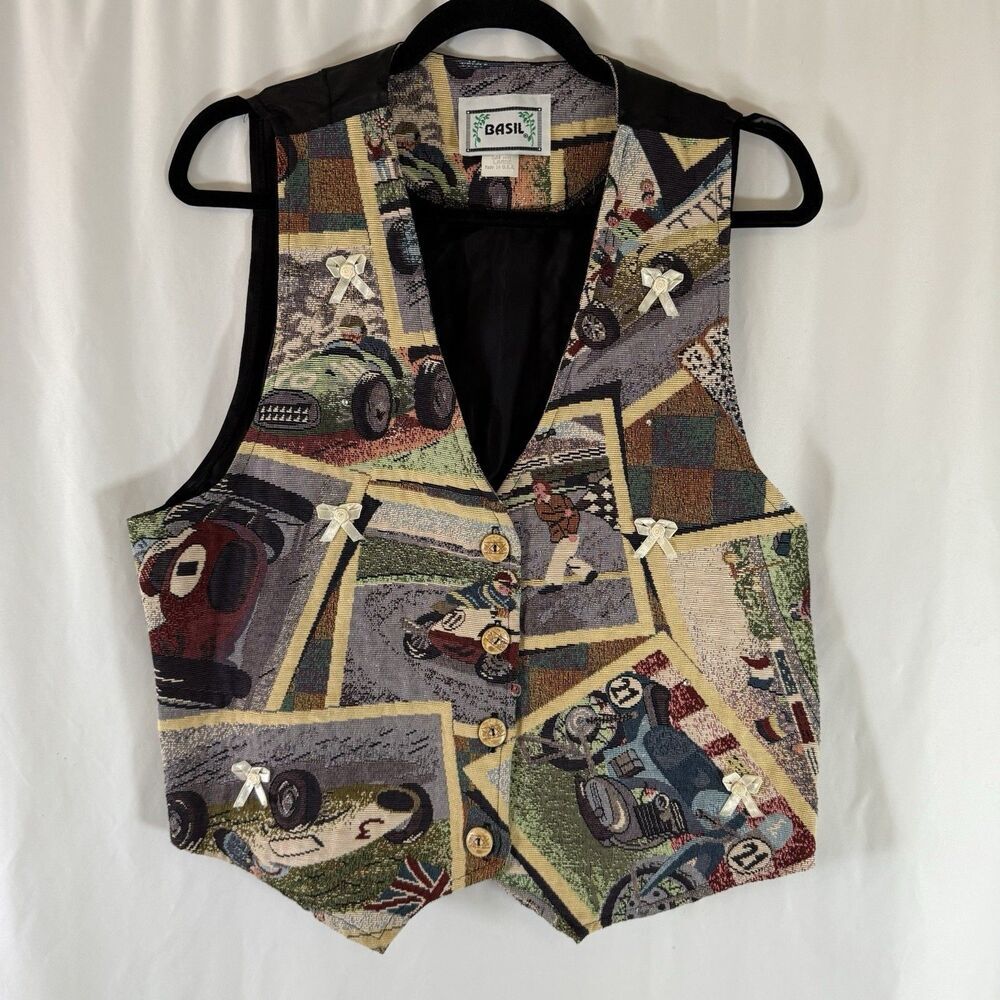 Basil Vest Women's Large Racing Knit 4 Button 4 Bow Made USA